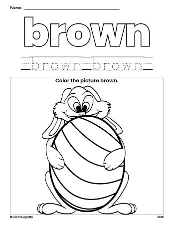 Free Easter bunny color brown coloring page and color worksheet, brown worksheet for preschoolers to learn colors, printable PDF