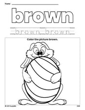 Free Easter bunny color brown coloring page and color worksheet, brown worksheet for preschoolers to learn colors, printable PDF