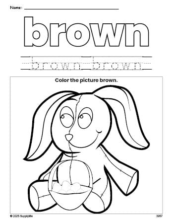 Free Easter bunny color brown coloring page and color worksheet, brown worksheet for preschoolers to learn colors, printable PDF