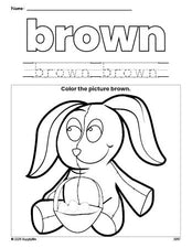 Free Easter bunny color brown coloring page and color worksheet, brown worksheet for preschoolers to learn colors, printable PDF