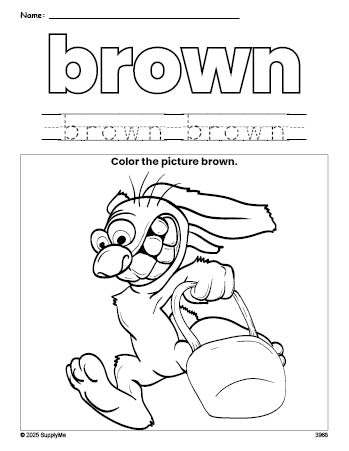 Free Easter bunny color brown coloring page and color worksheet, brown worksheet for preschoolers to learn colors, printable PDF