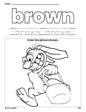 Free Easter bunny color brown coloring page and color worksheet, brown worksheet for preschoolers to learn colors, printable PDF