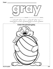 Free Easter bunny color gray coloring page and color worksheet, gray worksheet for preschoolers to learn colors, printable PDF