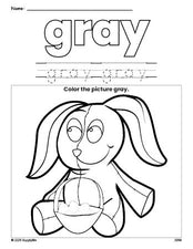 Free Easter bunny color gray coloring page and color worksheet, gray worksheet for preschoolers to learn colors, printable PDF