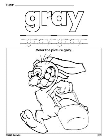 Free Easter bunny color gray coloring page and color worksheet, gray worksheet for preschoolers to learn colors, printable PDF