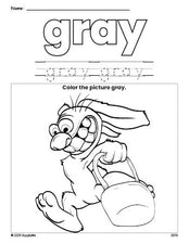 Free Easter bunny color gray coloring page and color worksheet, gray worksheet for preschoolers to learn colors, printable PDF