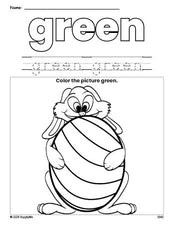 Free Easter bunny color green coloring page and color worksheet, green worksheet for preschoolers to learn colors, printable PDF