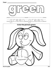 Free Easter bunny color green coloring page and color worksheet, green worksheet for preschoolers to learn colors, printable PDF