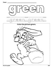 Free Easter bunny color green coloring page and color worksheet, green worksheet for preschoolers to learn colors, printable PDF