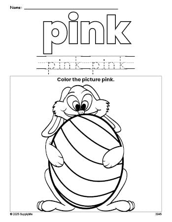 Free Easter bunny color pink coloring page and color worksheet, pink worksheet for preschoolers to learn colors, printable PDF