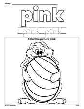 Free Easter bunny color pink coloring page and color worksheet, pink worksheet for preschoolers to learn colors, printable PDF