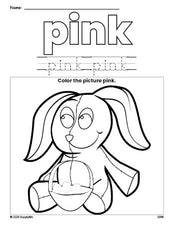 Free Easter bunny color pink coloring page and color worksheet, pink worksheet for preschoolers to learn colors, printable PDF