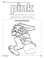 Free Easter bunny color pink coloring page and color worksheet, pink worksheet for preschoolers to learn colors, printable PDF