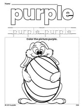 Free Easter bunny color purple coloring page and color worksheet, purple worksheet for preschoolers to learn colors, printable PDF