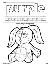 Free Easter bunny color purple coloring page and color worksheet, purple worksheet for preschoolers to learn colors, printable PDF