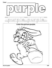 Free Easter bunny color purple coloring page and color worksheet, purple worksheet for preschoolers to learn colors, printable PDF