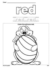 Free Easter bunny color red coloring page and color worksheet, red worksheet for preschoolers to learn colors, printable PDF