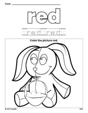 Free Easter bunny color red coloring page and color worksheet, red worksheet for preschoolers to learn colors, printable PDF