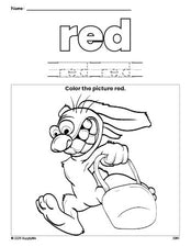 Free Easter bunny color red coloring page and color worksheet, red worksheet for preschoolers to learn colors, printable PDF