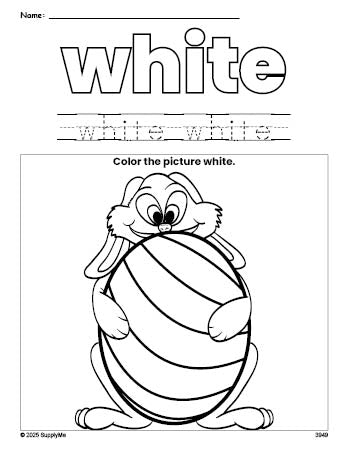 Free Easter bunny color white coloring page and color worksheet, white worksheet for preschoolers to learn colors, printable PDF