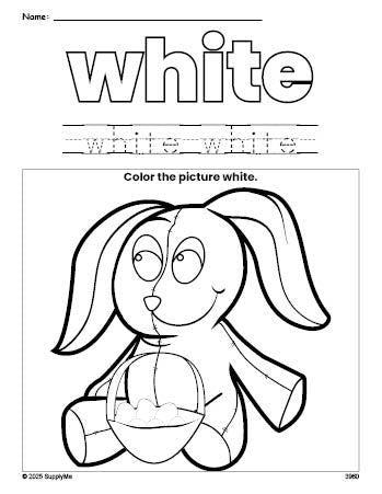 Free Easter bunny color white coloring page and color worksheet, white worksheet for preschoolers to learn colors, printable PDF