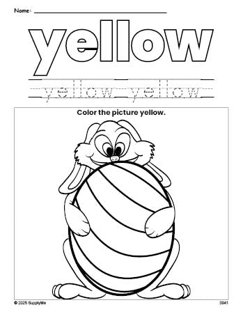 Free Easter bunny color yellow coloring page and color worksheet, yellow worksheet for preschoolers to learn colors, printable PDF