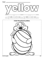 Free Easter bunny color yellow coloring page and color worksheet, yellow worksheet for preschoolers to learn colors, printable PDF