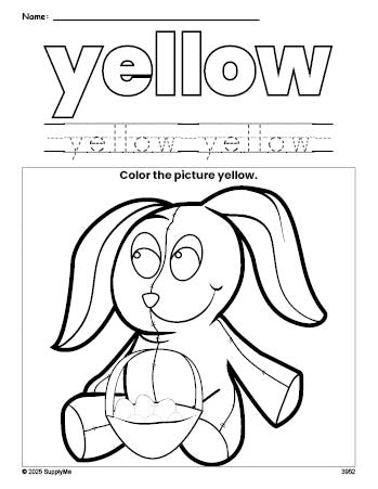 Free Easter bunny color yellow coloring page and color worksheet, yellow worksheet for preschoolers to learn colors, printable PDF