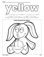 Free Easter bunny color yellow coloring page and color worksheet, yellow worksheet for preschoolers to learn colors, printable PDF