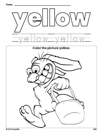 Free Easter bunny color yellow coloring page and color worksheet, yellow worksheet for preschoolers to learn colors, printable PDF