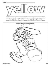 Free Easter bunny color yellow coloring page and color worksheet, yellow worksheet for preschoolers to learn colors, printable PDF