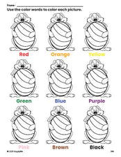 Free Easter bunny coloring page and color worksheet for preschoolers to learn colors, printable PDF