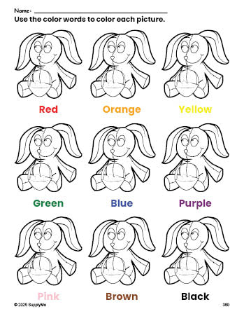 Free Easter bunny coloring page and color worksheet for preschoolers to learn colors, printable PDF