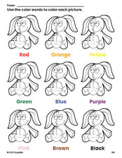 Free Easter bunny coloring page and color worksheet for preschoolers to learn colors, printable PDF