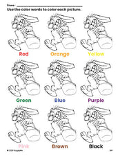 Free Easter bunny coloring page and color worksheet for preschoolers to learn colors, printable PDF