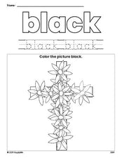 Free Easter cross color black coloring page and color worksheet, black worksheet for preschoolers to learn colors, printable PDF