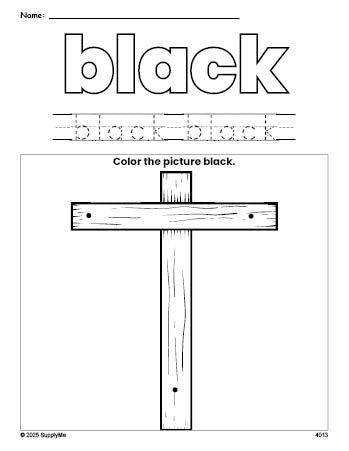 Free Easter cross color black coloring page and color worksheet, black worksheet for preschoolers to learn colors, printable PDF