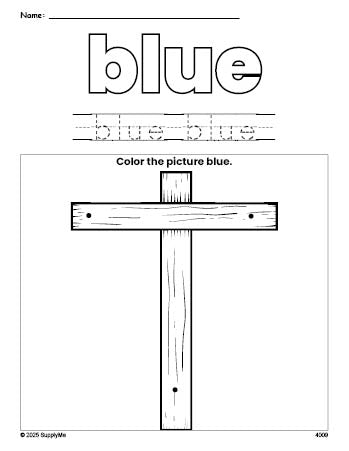 Free Easter cross color blue coloring page and color worksheet, blue worksheet for preschoolers to learn colors, printable PDF