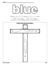 Free Easter cross color blue coloring page and color worksheet, blue worksheet for preschoolers to learn colors, printable PDF