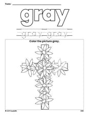 Free Easter cross color gray coloring page and color worksheet, gray worksheet for preschoolers to learn colors, printable PDF