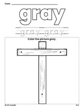 Free Easter cross color gray coloring page and color worksheet, gray worksheet for preschoolers to learn colors, printable PDF