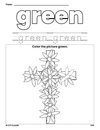 Free Easter cross color green coloring page and color worksheet, green worksheet for preschoolers to learn colors, printable PDF