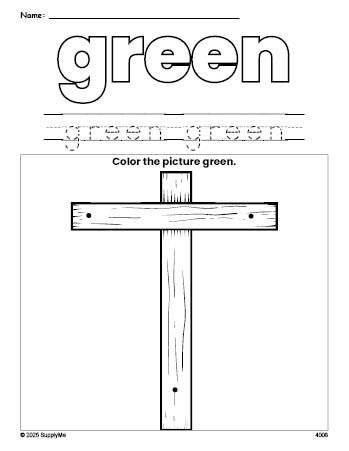 Free Easter cross color green coloring page and color worksheet, green worksheet for preschoolers to learn colors, printable PDF