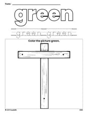 Free Easter cross color green coloring page and color worksheet, green worksheet for preschoolers to learn colors, printable PDF