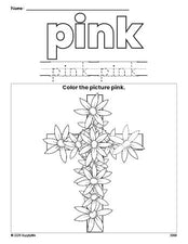 Free Easter cross color pink coloring page and color worksheet, pink worksheet for preschoolers to learn colors, printable PDF