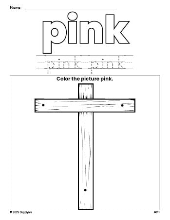 Free Easter cross color pink coloring page and color worksheet, pink worksheet for preschoolers to learn colors, printable PDF