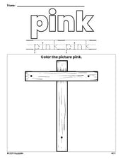 Free Easter cross color pink coloring page and color worksheet, pink worksheet for preschoolers to learn colors, printable PDF