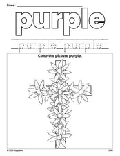 Free Easter cross color purple coloring page and color worksheet, purple worksheet for preschoolers to learn colors, printable PDF