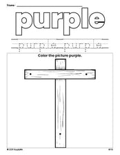 Free Easter cross color purple coloring page and color worksheet, purple worksheet for preschoolers to learn colors, printable PDF