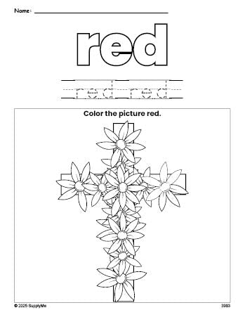 Free Easter cross color red coloring page and color worksheet, red worksheet for preschoolers to learn colors, printable PDF